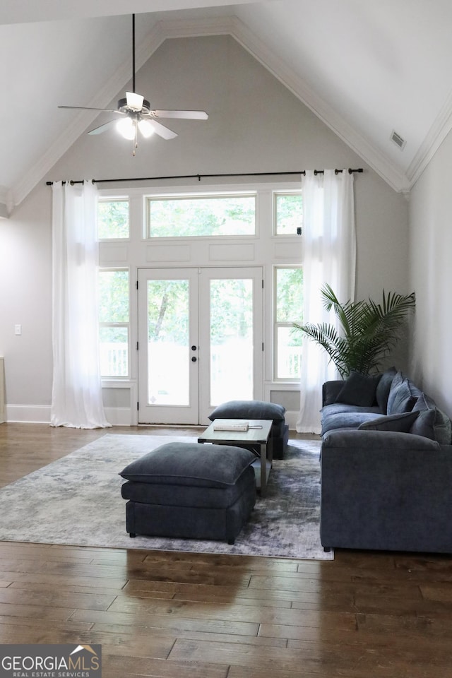 1761 Turtle Pond Dr, Watkinsville, GA 30677 - living room with hardwood / wood-style floors, a ceiling fan, and high vaulted ceiling