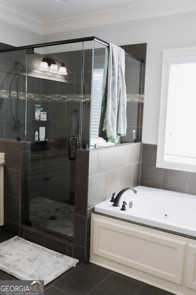1761 Turtle Pond Dr, Watkinsville, GA 30677 - full bathroom with ornamental molding, a tub with jets, a stall shower, and tile patterned flooring