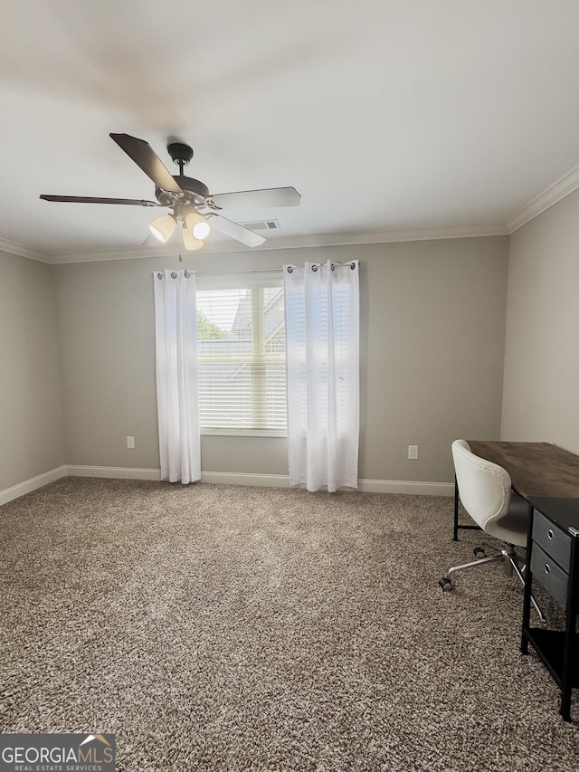 1761 Turtle Pond Dr, Watkinsville, GA 30677 - office with crown molding, carpet flooring, and a ceiling fan