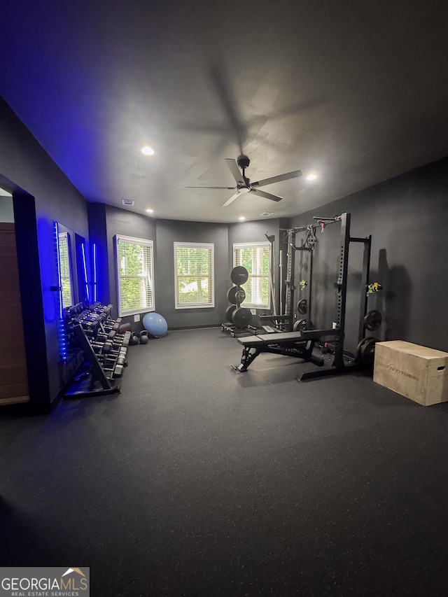 1761 Turtle Pond Dr, Watkinsville, GA 30677 - workout area featuring a ceiling fan and recessed lighting