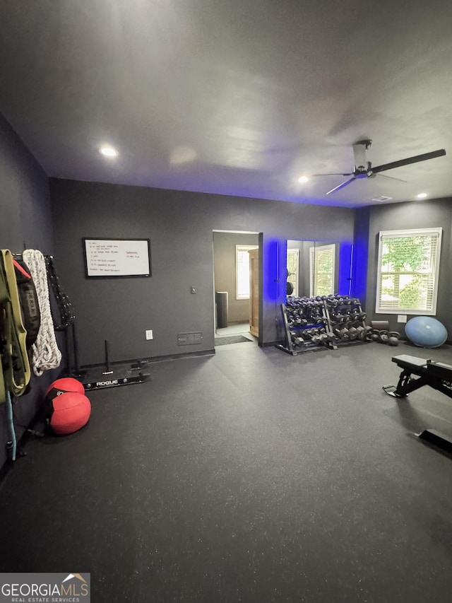 1761 Turtle Pond Dr, Watkinsville, GA 30677 - miscellaneous room with rubber floors, a ceiling fan, and recessed lighting
