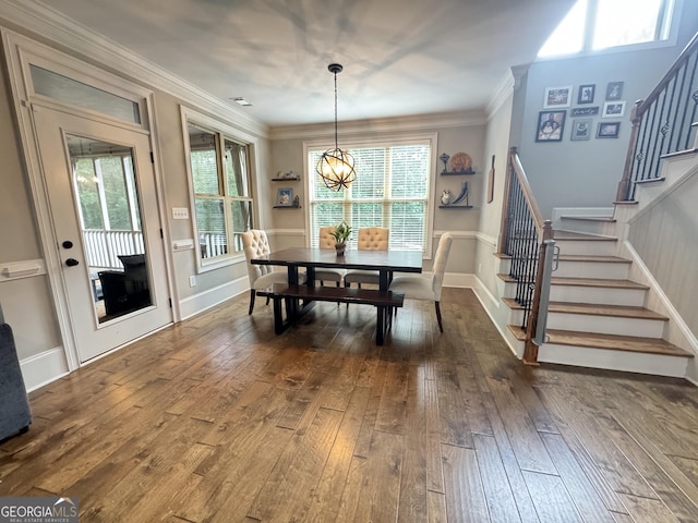 1761 Turtle Pond Dr, Watkinsville, GA 30677 - dining area featuring stairs, dark wood-type flooring, crown molding, and baseboards