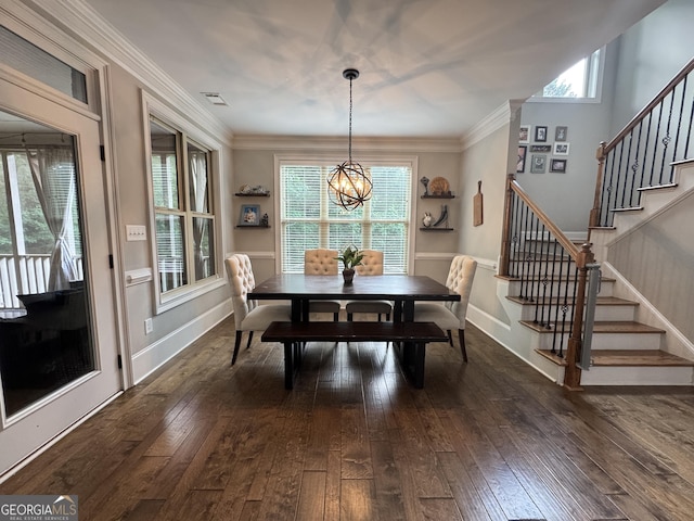 1761 Turtle Pond Dr, Watkinsville, GA 30677 - dining area with stairway, dark wood finished floors, a chandelier, plenty of natural light, and ornamental molding