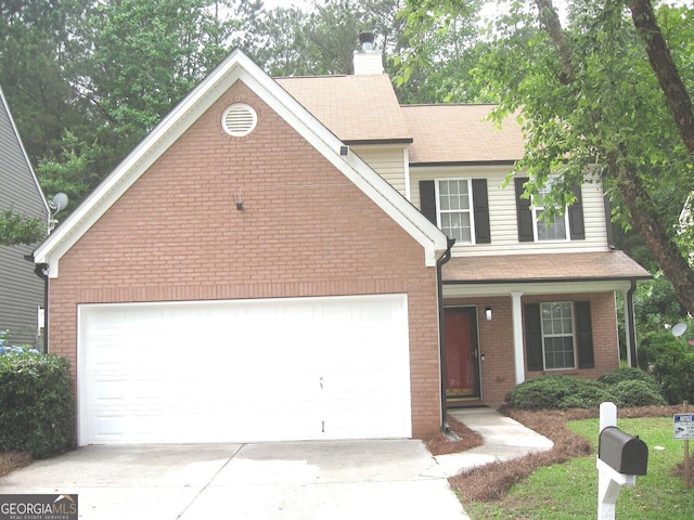 4383 Chestnut Lake Ave, Lithonia, GA 30038 - traditional-style home featuring driveway, brick siding, a garage, a porch, and a chimney