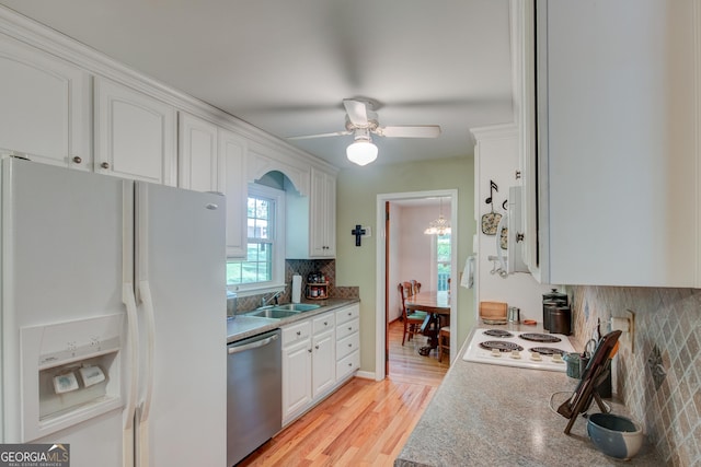 6 Greenleaf Dr SW, Rome, GA 30165 - kitchen with white appliances, a sink, white cabinets, backsplash, and light wood-type flooring