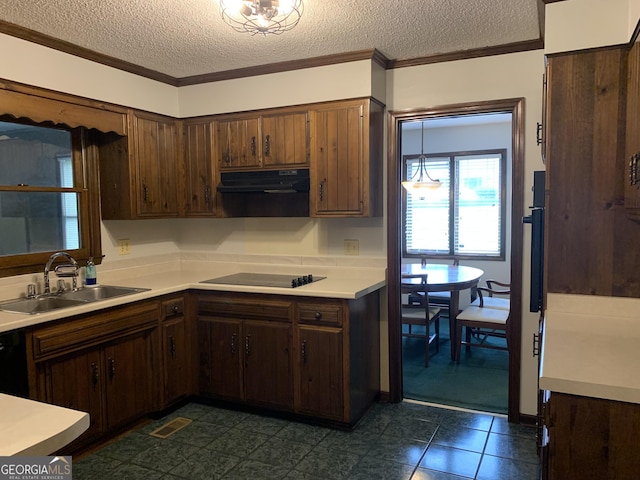 2242 Oakgrove Cir, Valdosta, GA 31602 - kitchen featuring a sink, extractor fan, a textured ceiling, light countertops, and black electric cooktop