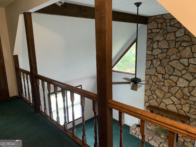 2242 Oakgrove Cir, Valdosta, GA 31602 - detailed view of carpet flooring, beam ceiling, and a ceiling fan