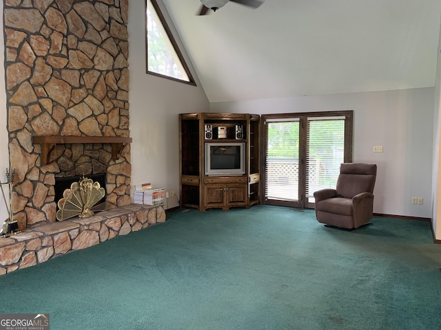 2242 Oakgrove Cir, Valdosta, GA 31602 - living room with carpet flooring, high vaulted ceiling, a fireplace, and ceiling fan