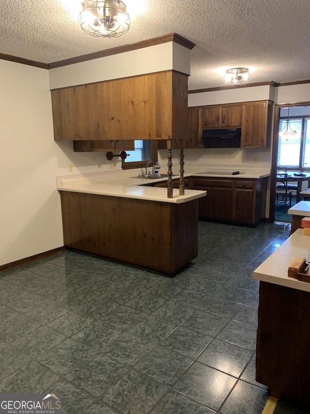 2242 Oakgrove Cir, Valdosta, GA 31602 - kitchen with extractor fan, light countertops, ornamental molding, a peninsula, and a textured ceiling
