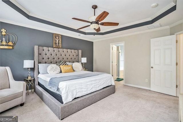 230 Haleys Ct, Woodstock, GA 30188 - carpeted bedroom with a tray ceiling, ornamental molding, baseboards, a chandelier, and a ceiling fan