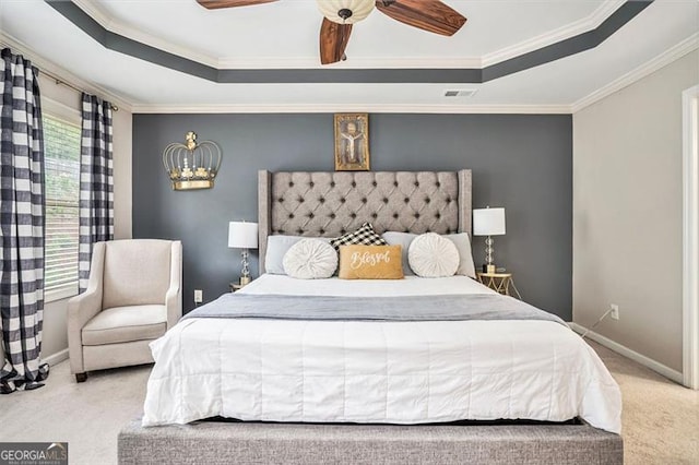 230 Haleys Ct, Woodstock, GA 30188 - carpeted bedroom featuring a tray ceiling, crown molding, baseboards, and a ceiling fan