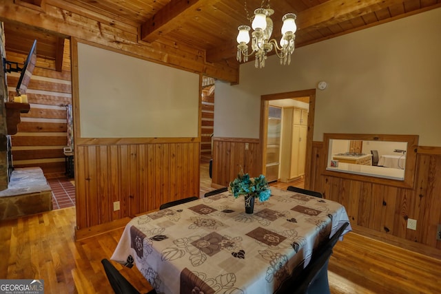 2905 Cammie Wages Rd, Dacula, GA 30019 - dining room with wood ceiling with exposed beams, a chandelier, wood finished floors, a wainscoted wall, and wood walls