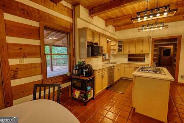 2905 Cammie Wages Rd, Dacula, GA 30019 - kitchen featuring wooden ceiling with exposed beams, gas cooktop, dishwasher, light countertops, and dark tile patterned flooring