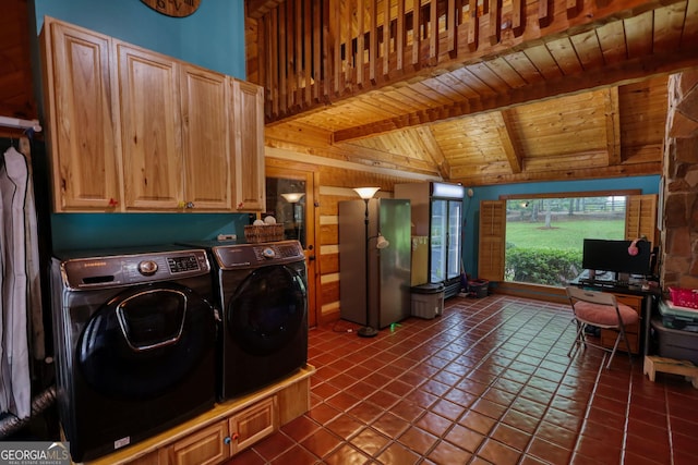 2905 Cammie Wages Rd, Dacula, GA 30019 - washroom featuring independent washer and dryer, wooden ceiling, tile patterned floors, wood walls, and an office area