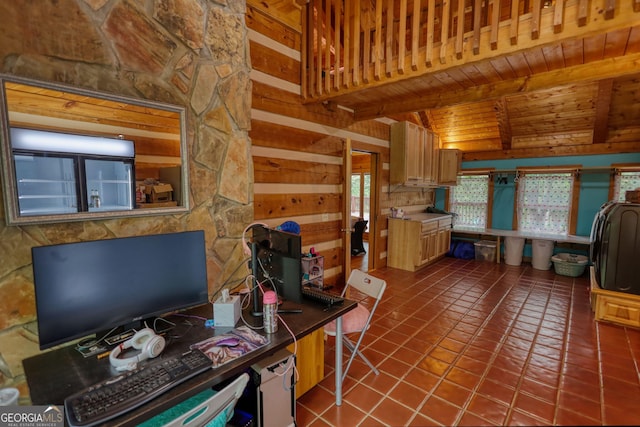 2905 Cammie Wages Rd, Dacula, GA 30019 - office space featuring dark tile patterned floors and wood ceiling with exposed beams