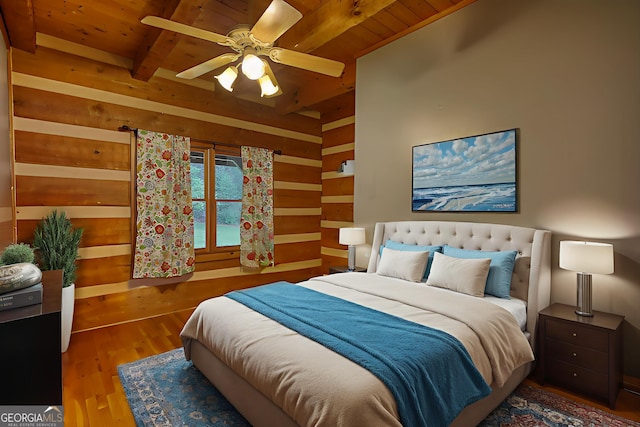 2905 Cammie Wages Rd, Dacula, GA 30019 - bedroom featuring wooden ceiling with exposed beams, wood finished floors, and a ceiling fan