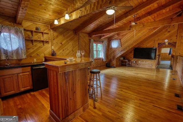 2905 Cammie Wages Rd, Dacula, GA 30019 - indoor bar with wooden walls, wooden ceiling, hardwood / wood-style floors, a ceiling fan, and black dishwasher