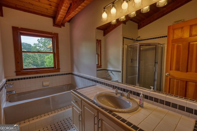 2905 Cammie Wages Rd, Dacula, GA 30019 - full bathroom with wooden ceiling with exposed beams, tile patterned floors, vanity, a stall shower, and a garden tub