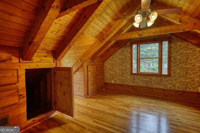 2905 Cammie Wages Rd, Dacula, GA 30019 - additional living space featuring wooden ceiling, light wood-style floors, ceiling fan, and wood walls
