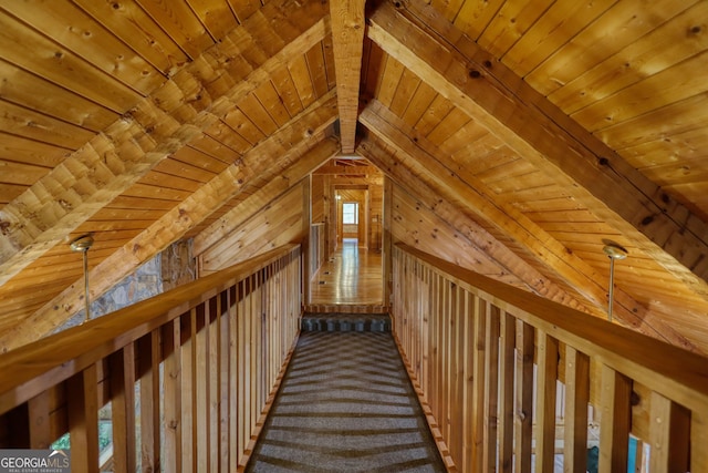 2905 Cammie Wages Rd, Dacula, GA 30019 - corridor with wood ceiling, wood walls, and vaulted ceiling