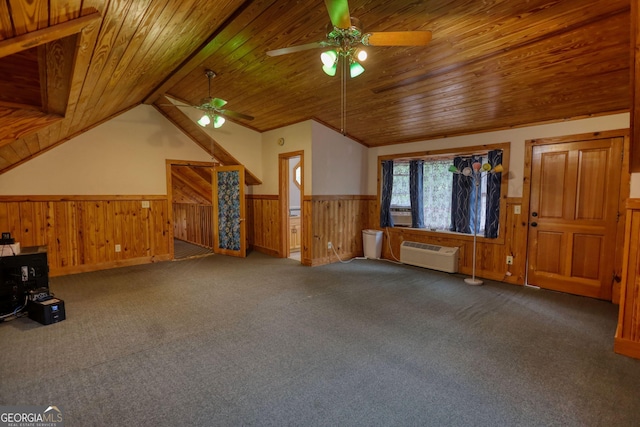 2905 Cammie Wages Rd, Dacula, GA 30019 - unfurnished living room with a ceiling fan, wooden ceiling, a wainscoted wall, a wall unit AC, and carpet floors