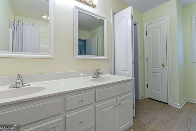32 N Muscogee Dr, Ellijay, GA 30540 - full bathroom featuring wood finished floors, double vanity, and a shower with shower curtain