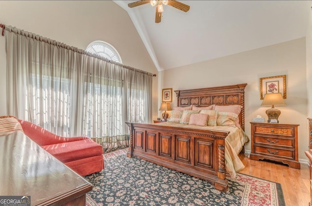 4441 Manning Mill Rd, Summerville, GA 30747 - bedroom featuring high vaulted ceiling, light wood-style floors, and ceiling fan