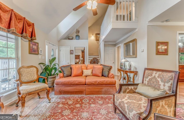 4441 Manning Mill Rd, Summerville, GA 30747 - living room with ceiling fan, high vaulted ceiling, wood finished floors, and crown molding