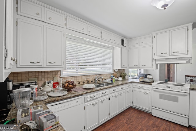24 Brookside Dr, Newnan, GA 30263 - kitchen featuring white appliances, under cabinet range hood, a sink, and white cabinetry