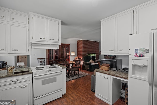 24 Brookside Dr, Newnan, GA 30263 - kitchen featuring white appliances, under cabinet range hood, dark wood-type flooring, and white cabinets