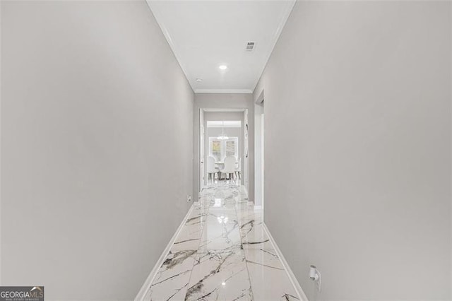 413 Huntleigh Shores Ln, Dallas, GA 30132 - hallway with light marble finish floors, ornamental molding, and recessed lighting