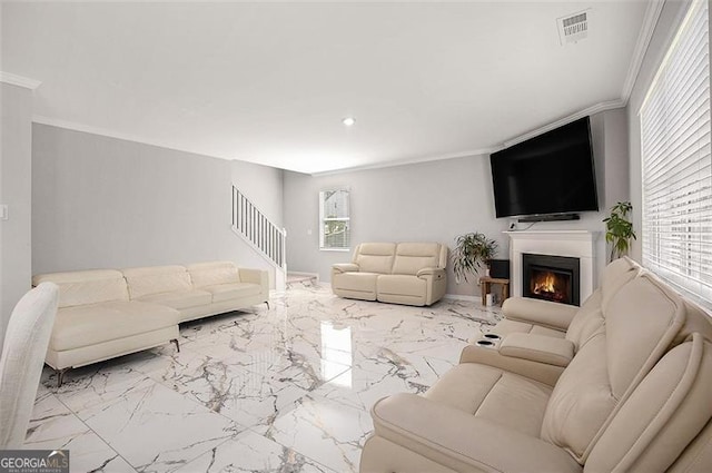 413 Huntleigh Shores Ln, Dallas, GA 30132 - living room featuring a lit fireplace, marble finish floors, crown molding, stairway, and recessed lighting