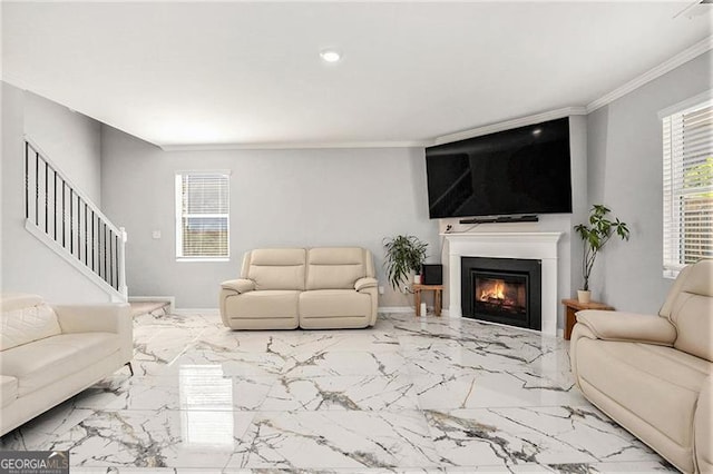 413 Huntleigh Shores Ln, Dallas, GA 30132 - living room with crown molding, a glass covered fireplace, recessed lighting, stairway, and marble finish flooring
