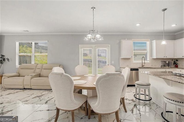 413 Huntleigh Shores Ln, Dallas, GA 30132 - dining room featuring light marble finish flooring, a chandelier, ornamental molding, and recessed lighting