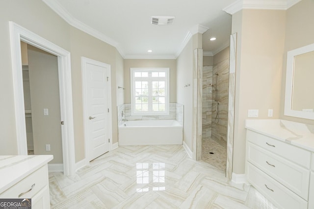 215 Jake Colton Dr, Kingsland, GA 31548 - bathroom with vanity, a garden tub, a tile shower, crown molding, and recessed lighting