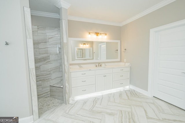215 Jake Colton Dr, Kingsland, GA 31548 - bathroom with vanity, crown molding, walk in shower, and baseboards