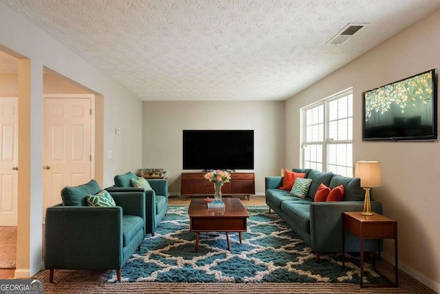 1851 Grove Way, Hampton, GA 30228 - carpeted living room with baseboards and a textured ceiling