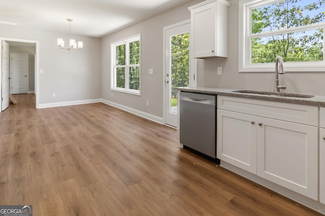 68 Davis Lake Rd Lot 16, Thomaston, GA 30286 - kitchen with dishwasher, a sink, a chandelier, white cabinets, and light wood-type flooring