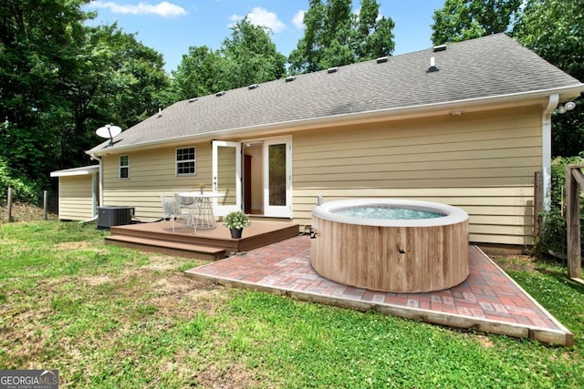 405 Scenic View Dr, Jasper, GA 30143 - back of property with a hot tub, a wooden deck, a lawn, central AC, and a shingled roof