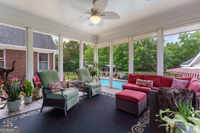 4320 Sandy Creek Rd, Madison, GA 30650 - sunroom with an outdoor hangout area and a ceiling fan