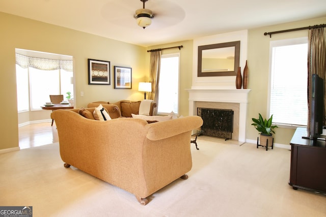 318 Ivy Manor Dr, Marietta, GA 30064 - living room with a ceiling fan, a premium fireplace, plenty of natural light, and baseboards