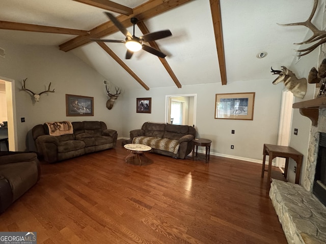 281 Cambridge Cir, Kingsland, GA 31548 - living area with ceiling fan, a stone fireplace, and wood finished floors