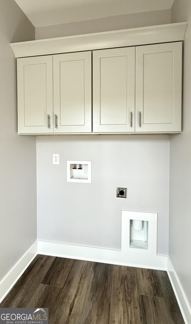 270 Meadow Crest Dr, Cleveland, GA 30528 - washroom with hookup for an electric dryer, cabinet space, dark wood-type flooring, hookup for a washing machine, and baseboards