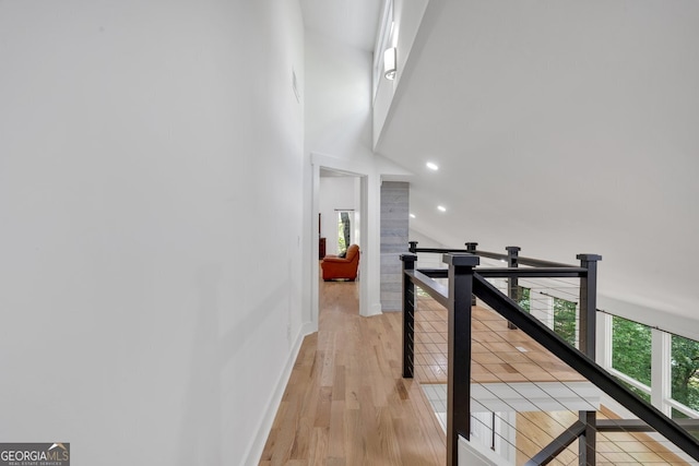 510 Watergate Ct, Roswell, GA 30076 - hall with an upstairs landing, recessed lighting, light wood-type flooring, and a high ceiling