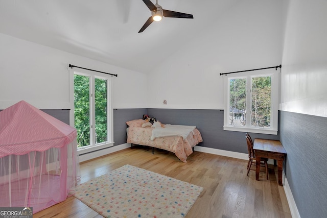 510 Watergate Ct, Roswell, GA 30076 - bedroom with multiple windows, wood finished floors, high vaulted ceiling, and ceiling fan