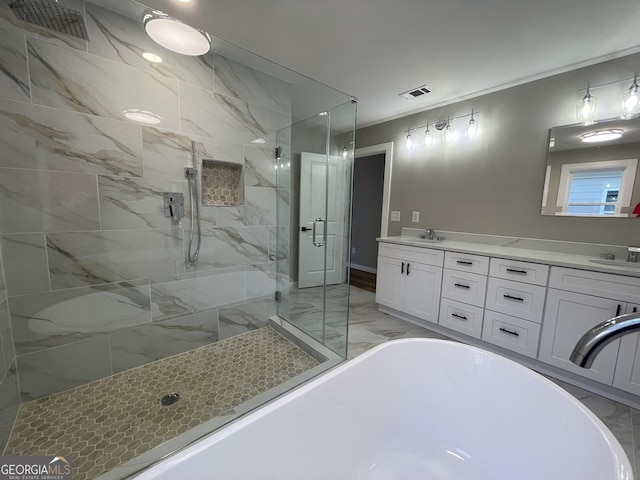 3189 Jackson Unit A, Hapeville, GA 30354 - full bathroom with marble finish floors, a shower stall, a freestanding bath, and double vanity