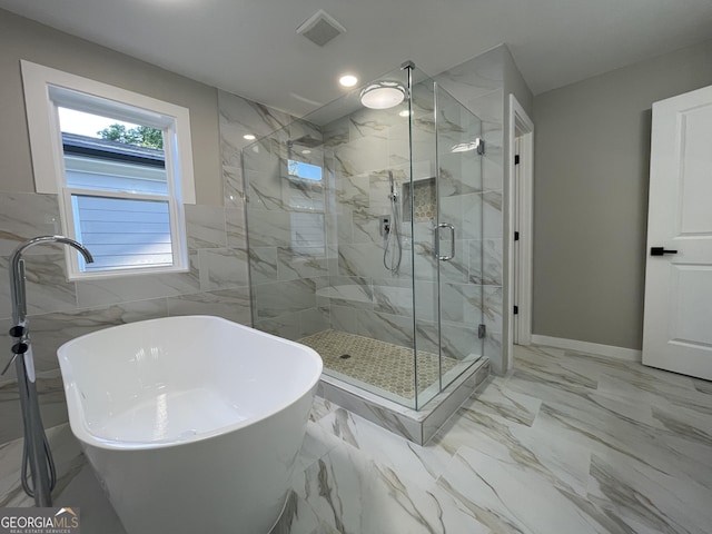 3189 Jackson Unit A, Hapeville, GA 30354 - full bathroom with a marble finish shower, a soaking tub, a sink, recessed lighting, and marble finish flooring