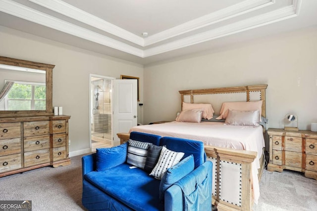106 Logan Pass Dr, Loganville, GA 30052 - bedroom featuring carpet, ornamental molding, a tray ceiling, and ensuite bath