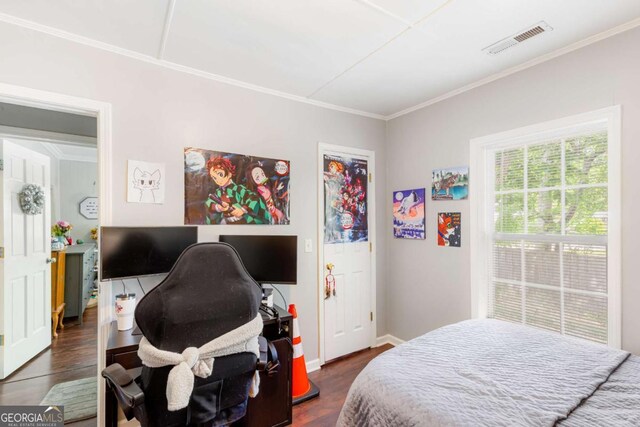 632 Lawson St, Bremen, GA 30110 - bedroom featuring crown molding, dark wood-style floors, baseboards, and an office area
