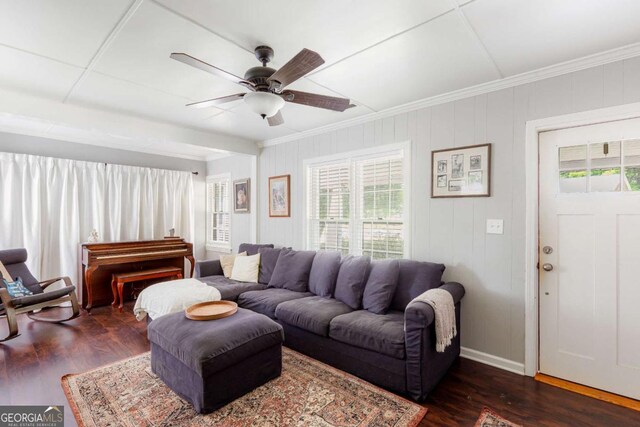 632 Lawson St, Bremen, GA 30110 - living area with plenty of natural light, crown molding, ceiling fan, wood finished floors, and baseboards